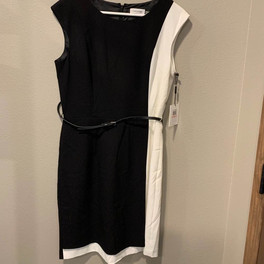 Calvin Klein black and white faux wrap sheath dress